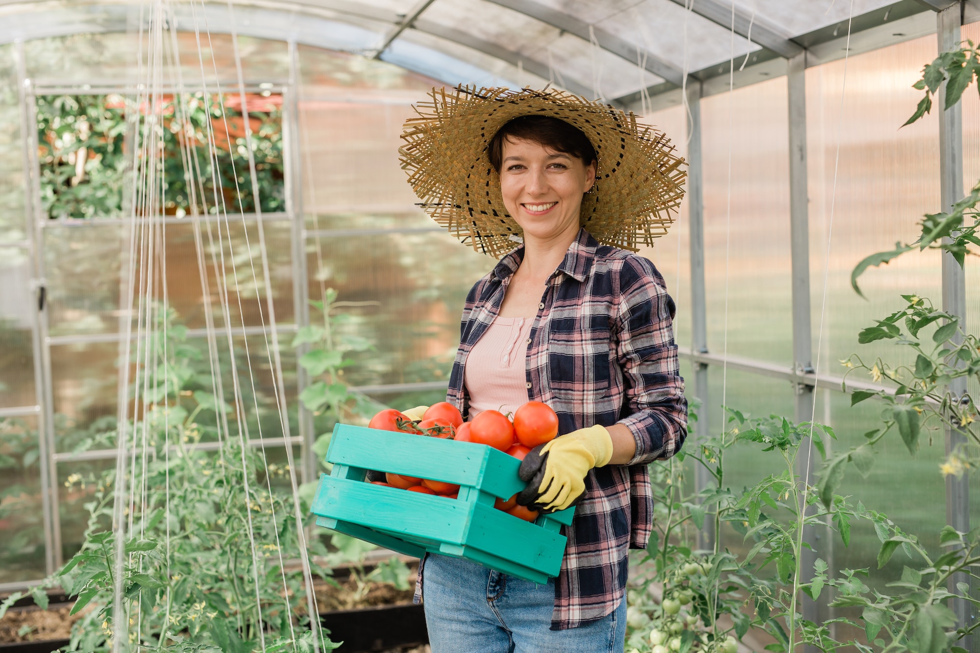 Organic female farmer holding box full of fresh produce on her farm. Happy young woman smiling at